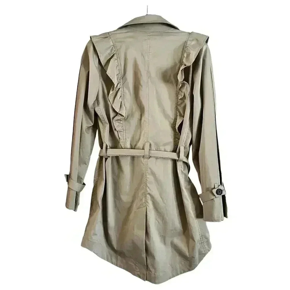 Joie Women’s Gila Trench Coat Ruffle Trim Belted Tan Size Medium - Picture 4 of 7